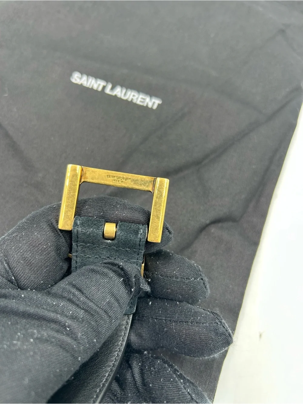 Women's Saint Laurent Black Suede Belt with Gold YSL Logo 80/32 inches